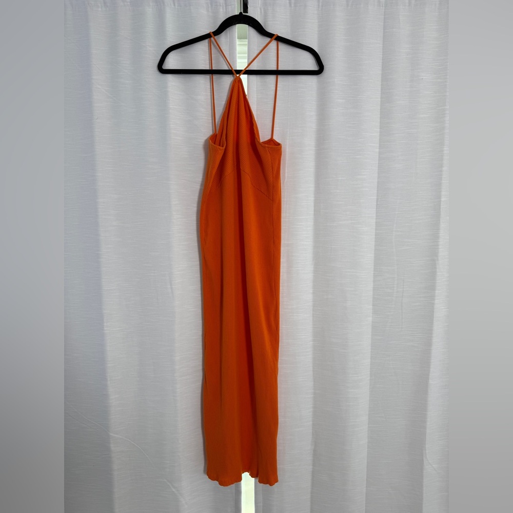 Zara Orange Ribbed Halter Midi Dress | Summer Resort Cocktail Style | Size L - Picture 5 of 9